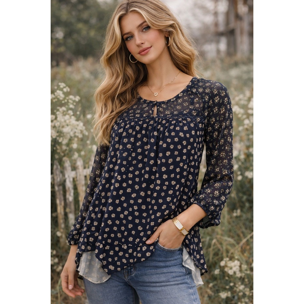 Elodie Navy Sheer Floral Blouse Romantic Prairie‎ Boho Long Sleeve L
